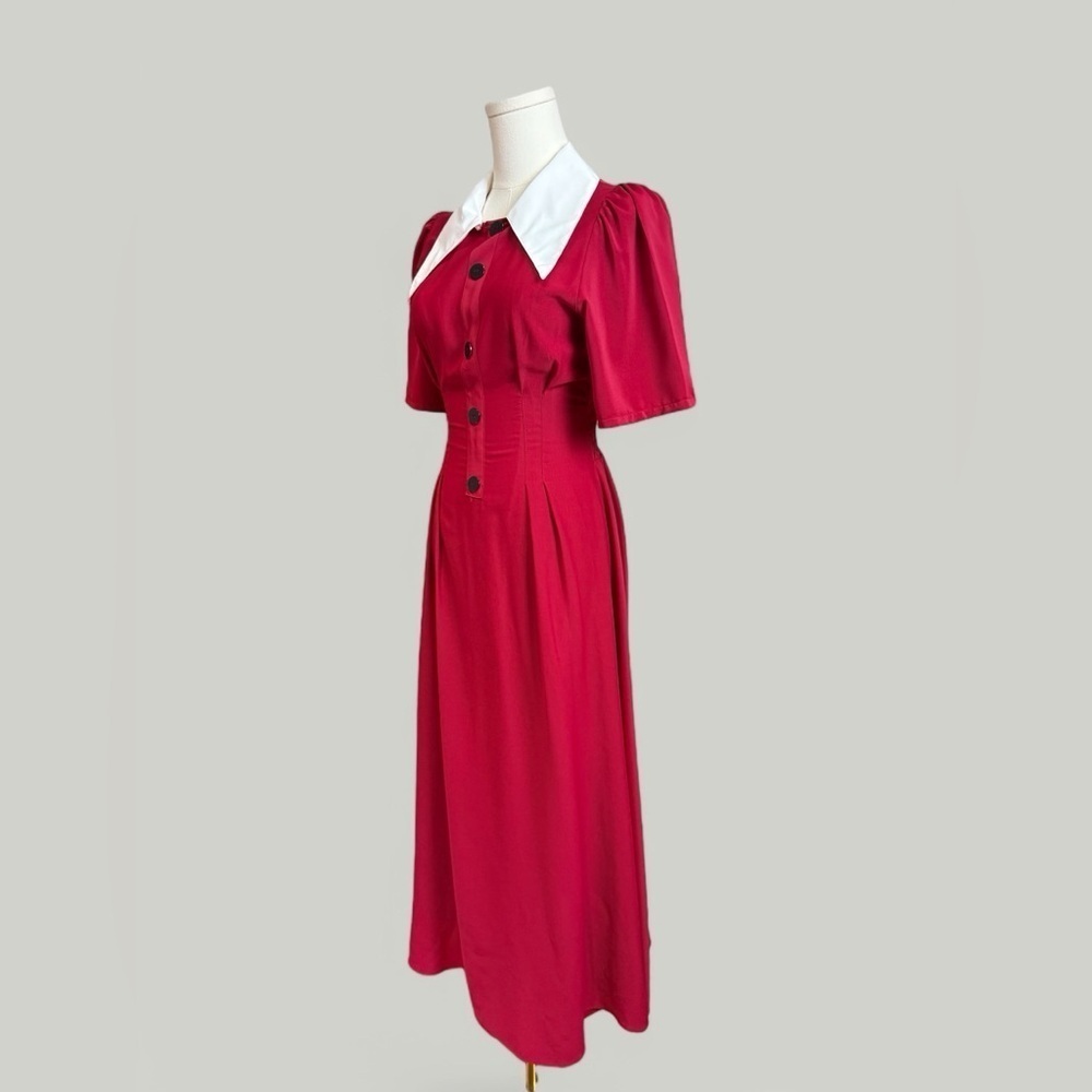 Dress Women Size Small Red Long Exaggerated Collar Puff Sleeves Sinch Waist - Picture 5 of 10